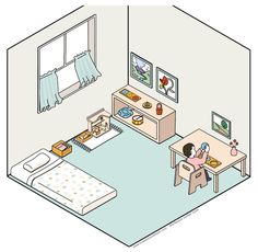 a small room with a bed, desk and chair in it that has a window on the far wall