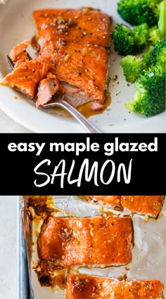 a plate with salmon and broccoli on it, the title says maple glazed salmon