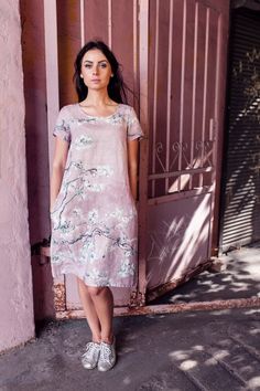 Van Gogh Linen dress Almond blossom floral maxi dress Casual Pink Linen Dress For Spring, Pink Bohemian Linen Dress, Bohemian Pink Linen Dresses, Pink Linen Bohemian Dresses, Pink Dresses With Pockets For Spring, Pink Dresses With Pockets And Relaxed Fit, Spring Pink Dress With Relaxed Fit, Spring Bohemian Linen Dress With Pockets, Linen Dresses With Floral Print