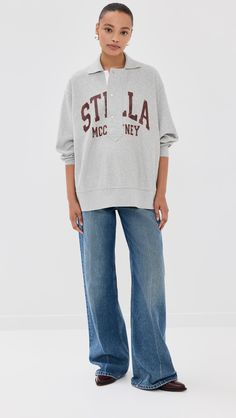 Find STELLA MCCARTNEY Varsity Logo Cotton Polo Sweatshirt on Editorialist. Fabric: Mid-weight french terry. Collegiate logo lettering. Collared neck. Long sleeves with dropped shoulders. Partial button placket. Shell: 100% cotton. Wash cold. Made in Portugal. Measurements: Measurements from size XS Length: 26in / 66.0cm, from shoulder Classic College Sweatshirt With Letter Print, Classic Letter Print Sweatshirt For College, Classic Cotton Sweatshirt With Letter Print, Varsity Style Relaxed Fit Top With Ribbed Collar, Oversized Cotton Sweatshirt With Logo Lettering, Oversized Sweatshirt With Logo Lettering For Fall, Oversized Logo Lettering Sweatshirt For Fall, Oversized Logo Lettering Top For Fall, Oversized Long Sleeve Tops With Logo Lettering