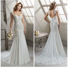 two pictures of a woman in a wedding dress, one is wearing an open back gown