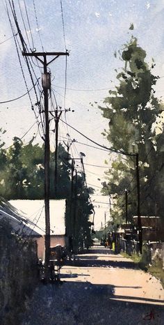 an oil painting of a street with power lines