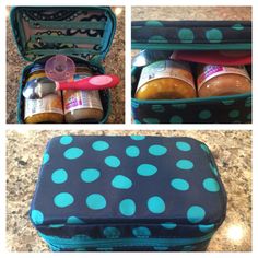 an open blue and green polka dot bag with food inside it, along with two pictures of the contents