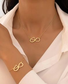 2pc gold infinity and love design Necklace and Bracelet in jewelry set Snake Ring Gold, Heart Geometric, Bangle Jewelry, Baby Bracelet, Dress Indian, Women's Jewelry Sets, Gold Collar, Infinity Necklace, Classy Jewelry