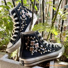 Custom Embroidered Converse High Tops Chuck Taylor 1970s/ - Etsy Cherry Blossom Shoes, Embroidered Converse High Tops, Cute Converse Shoes, Embroidered Converse, Cute Converse, Tie Sneakers, High Top Chucks, Preppy Shoes, Embroidery Shoes