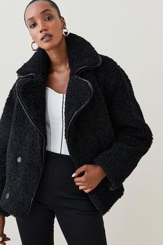 Touchably Soft And Undeniably Cozy, This Teddy-Style Jacket Combines Of-The-Moment Faux Fur With Oversized Lapels And Double-Breasted Closures. Inspired By Retro Borg Styles, It Makes The Perfect Plus-One For Any Occasion As Soon As Temperatures Start To Plummet. Teddy Style, Jacket Collection, Coat Black, Short Coat, Karen Millen, Fashion Face, Black Coat, Puffer Jacket, Double Breasted