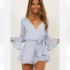 Showpo Sunday Breeze Playsuit Romper/ 6. - Partially Lined Color: Blue Strip “Excellent Condition” Look The Photos I Accept Reasonable Offers. Don't Forget To Take A Tour Of My Closet, You Never Know What You Can Find. Summer Long Sleeve Jumpsuits For Day Out, Long Sleeve Jumpsuit With Tie Waist For Day Out, Chic Long Sleeve Jumpsuits For Vacation, Light Blue Jumpsuits And Rompers For Summer Day Out, Chic Long Sleeve Jumpsuits And Rompers For Vacation, Elegant Light Blue Jumpsuits And Rompers For Summer, Spring Long Sleeve Jumpsuits And Rompers With Tie Waist, Chic Long Sleeve Jumpsuits And Rompers For Beach, Chic Light Blue V-neck Jumpsuit