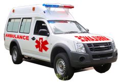 an ambulance is parked in the grass with its lights on