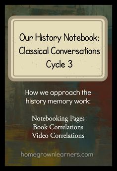 a book cover with the title our history notebook classical conversations cycle 3 how we approach the history memory work