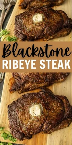 black stone ribeye steak on a wooden cutting board