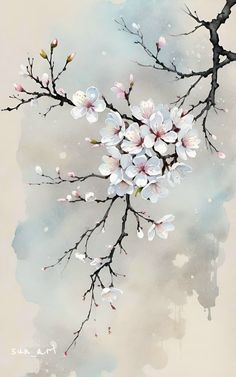 a painting of white flowers on a tree branch