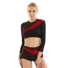 Shiny Sequins Dance Set - rulesfitness Stretch Dancewear Tops For Dance Class, Red Fitted Tops For Cheerleading, Stretch Tops For Dance Class, Fitted Red Tops For Cheerleading, Stretch Black Top For Dance Class, Black Stretch Top For Dance Class, Fitted Black Top For Dance Class, Red Stretch Bottoms For Dance, Sports Gymnastics