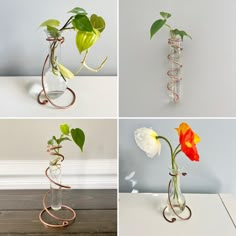 four different vases with flowers in them and wire wrapped around the stems, on top of each other