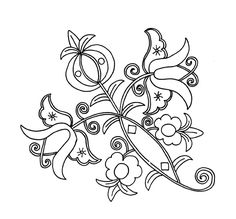 a black and white drawing of flowers with swirls on the stems, in an artistic manner