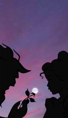 the silhouettes of two people are facing each other and one is holding a rose