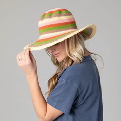 Introducing the Women's Crocheted Brim Hat, hand-made from 100% cotton, offering UPF50+ sun protection and a 4.25" brim. Crafted with quality and care, this packable hat comes in two eye-catching stripe colors. Perfect for a summer day in the sun! Features: Colors: Blue Stripe and Multi Stripe Materials: 100% Cotton Brim Size: 4.25" Brim Size: 57cm Structured Brim Edge Packable UPF 50+ Sun Protection Wide Brim Hat Summer, Crochet Hat With Brim, Sand Collection, Packable Hat, Outdoor Cap, Hat Clips, Scarf Poncho, Dress Hats, Wide Brimmed Hats