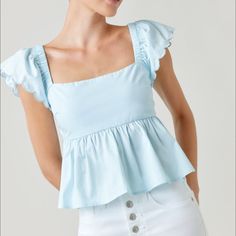 Note: The Top Being Sold Is A Beautiful Pale Lavender Color, Not Sky Blue (That Was The Only Product Pic I Could Find). It's A Really Pretty Flutter-Sleeve Top With A Tie Back. Cotton, Perfect For Summer. Nwt. Pet Free Smoke Free Home. Blue Ruffled Square Neck Top, Square Neck Ruffle Tops For Daywear, Light Blue Feminine Summer Blouse, Light Blue Feminine Blouse For Summer, Feminine Light Blue Tops For Day Out, Summer Square Neck Top With Ruffles, Summer Square Neck Ruffles Top, Summer Tops With Ruffles And Square Neck, Light Blue Feminine Ruffle Tops