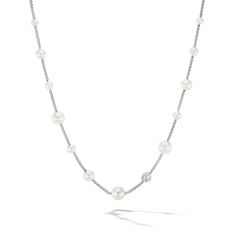 Pearl And Pave Short Station Necklace Sterling Silver White Cable Chain Necklace For Formal Occasions, Formal White Cable Chain Necklace, Elegant Round Cable Chain Jewelry, Formal White Gold Single Strand Chain Necklace, Classic White Round Chain Necklace, Timeless Single Strand White Gold Jewelry, White Fine Jewelry Chain Necklace For Formal Occasions, Formal White Fine Jewelry Chain Necklace, Elegant White Gold Cable Chain Necklace