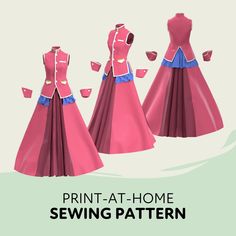 three dresses are shown with the text print - at - home sewing pattern on them