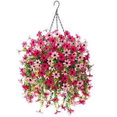 a hanging basket filled with pink and white flowers