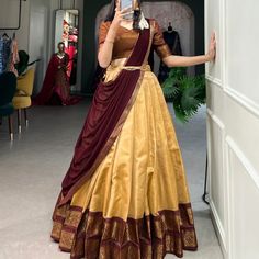 Cotton Saree Lehenga Designs, Silk Half Saree Designs, Dhavani Half Saree Color Combos, South Indian Traditional Dress, Copper Lehenga, South Indian Attire, Kanchipuram Lehenga, South Indian Lehenga, South Indian Look