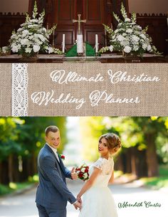 a couple holding hands in front of a church with the words wedding vows written on it