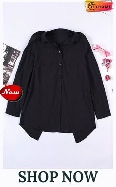 Black Chest Pockets Split Button-up Boyfriend Shirt Black Button-up Top With Placket, Casual Black Shirt With Lapel Collar, Trendy Black Top With Casual Collar, Black Tops With Pockets And Lapel Collar, Black Top With Lapel Collar And Pockets, Black Top With Pockets And Lapel Collar, Black Shirt With Lapel Collar For Fall, Black Tops With Buttons And Casual Collar, Black Shirt With Placket For Fall