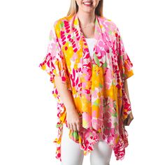 The one size Ruffle Kimono is a great addition to your swim and resort wear. Perfect length for great coverage, with ruffle trim detail along sides and fun prints. Fun sea life or bright florals are great for the pool, beach or over your favorite white jeans. Details & Care One Size 100% Viscose Hand wash. Hang dry. Imported White Floral Print Swimwear For Beach Cover-up, White Summer Cover-up With Upf 50+, Lightweight Spring Beachwear Cover-up, Spring Tropical Print Cover-up For Poolside, Casual Tropical Print Cover-up For Spring, Casual Spring Tropical Print Cover-up, Spring Tropical Swimwear With Upf 50+, Tropical Swimwear With Upf 50+ For Spring, Tropical Swimwear With Upf 50+ Protection