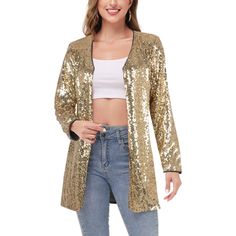 Make a statement with the Anna-Kaci Women's Sequin Open Front Cocktail Outerwear Jacket, a sophisticated and eye-catching piece perfect for any occasion. This shiny disco jacket boasts an open front with hook & closure and long sleeves, ensuring you'll stand out wherever you go. Long Sleeve Blazer For Parties, Long Sleeve Fall Party Blazer, Long Sleeve Blazer For Fall Party, Winter Party Blazer With Long Sleeves, Long Sleeve Blazer For Winter Party, Holiday Party Long Sleeve Blazer, Gold Long Sleeve Blazer For Winter, Glamorous Fitted Long Sleeve Blazer, Chic Long Sleeve Sequined Cardigan