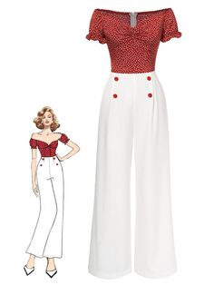 Red 1930s Heart Dots Off-Shoulder Jumpsuit College Student Needs, Patchwork Jumpsuit, Retro Romance, 1950s Fashion Women, 1930 Fashion, 50s Outfits, Cute Overalls, 50s Fashion Dresses, Walking Outfits