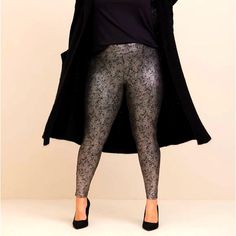 New With Tags Sold Out At Torrid Torrid Legging - Shiny Foil Crackle Print - Gunmetal Gray - Plus Size *Thick Cotton-Blend Fabric That Smooths And Flatters. Featuring An Edgy, Crackle Print With The Right Amount Of Sheen. *Comfortable 2" Waistband That Holds You In With A Streamlined Effect. - Mid Rise. - Opaque. - Crackle Texture Detail. - Tapered Leg. - Full Length, 27" Inseam. - Cotton-Blend Knit Fabric - 50% Cotton, 5% Spandex, 25% Polyester, 20% Nylon. - Machine Wash Cold. Dry Flat. New To Metallic Leggings For Night Out In Fall, Metallic Leggings For Fall Party, Fall Party Metallic Leggings, Fitted Silver Bottoms For Winter, Silver Bottoms For Night Out In Winter, Silver Bottoms For Winter Night Out, Silver Stretch Bottoms For Fall, Stretch Silver Leggings, Fitted Silver Bottoms For Fall