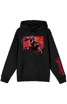 Showcase your Marvel fandom with this adult black long-sleeve hooded sweatshirt. Featuring a dramatic image of Carnage against a striking red background, and red lettering on the left sleeve displaying his name, this hoodie stands out with its bold design. Made from a soft cotton-polyester blend, it provides both comfort and durability. The adjustable hood allows for a personalized fit. Maintenance is straightforward with machine washing on cold with like colors and tumble drying on low heat.Solid color hoodieLong sleevesDrawstring hoodKangaroo pocketCustom graphicRibbed cuffs and hem50% cotton, 50% polyesterMachine washable PacSun Mens Marvel Universe Carnage Hoodie - Black size Medium Marvel Fandom, Pacsun Mens, Bold Design, Red Background, Marvel Universe, Pacsun, Black Long Sleeve, Black Hoodie, Hooded Sweatshirt