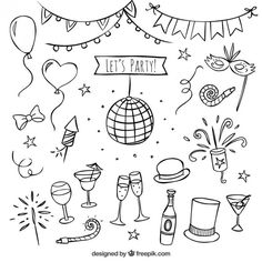 a party with balloons, streamers and confetti on the table coloring page