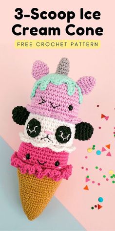 crocheted ice cream cone with an image of a panda bear wearing a hat