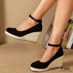 Comfy Soft Sole Heels with Ankle Strap for Her Closet Heels With Ankle Strap, Shoes For Ladies, Her Closet, Low Wedges, Comfy Shoes, Espadrille Shoes, Black 7, Shoe Style, Womens Flats