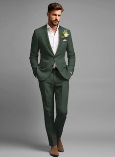 Martini Green Pure Linen Suit – StudioSuits Green Suit For Groom, Male Wedding Suits, Hunter Green Suit, Forest Green Suit, Green Linen Suit, Dark Green Suit, Green Tux, Male Wedding Guest Outfit, Green Suits