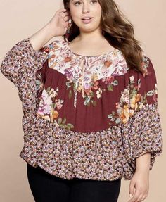 Burgundy floral blocked blouse PLUS Burgundy Floral, Plus Size Leggings, Floral Color, Necklines For Dresses, Olive Color, Black Rhinestone, Celebrity Look, Colorful Prints, Bell Sleeves