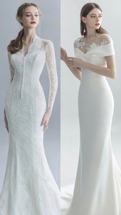 two different styles of wedding dresses with long sleeves