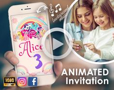 two girls are looking at an animated phone screen with the text,'alice 3 '