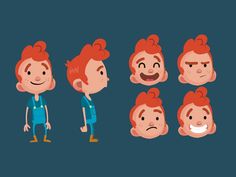 an animated character with different facial expressions and haircuts, standing next to each other