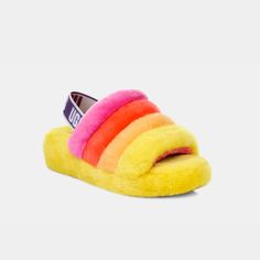 Ugg Pride Fluff Yeah Slide. Color: Pride Rainbow Yellow . Sizes : Women 6-8-( New Without Box ) 9 ( New With Original Box ). Combining Slipper And Sandal Into A Cozy Statement Shoe, The Fluff Yeah Is As Good As It Sounds And As Soft As It Looks. Featuring Plush Sheepskin With A Lightweight Platform To Keep Things Airy, This Standout Slide Pairs Perfectly With Midi Dresses Or Your Favorite Jeans. This Product Was Made In A Factory That Supports Women In Our Supply Chain With The Help Of Herprojec Fluff Yeah Slide, Ugg Store, Ugg Sandals, Shoes Ugg, Shearling Slippers, Outdoor Slippers, Suede Slippers, Statement Shoe, Slides Women