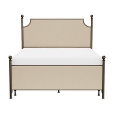 a bed with a beige headboard and foot board