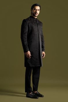 Black full sleeves front open achkan with synodic storm thread, maal embroidery using cut dana highlights. Paired with a textured kurta and trouser. - Aza Fashions Trouser Pattern, Satin Embroidery, Cocktail Reception, Satin Color, Full Sleeves, Black Linen, Mandarin Collar, Aza Fashion, Full Sleeve