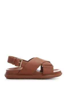 "Fussbett" sandal from Marni in caramel brown leather, with crossed bands, adjustable strap, soft sole with rubber bottom. Brown Leather Cross Strap Slingback Sandals, Brown Leather Footbed Sandals With Adjustable Strap, Brown Double Strap Footbed Sandals With Leather Sole, Brown Open Toe Footbed Sandals With Strap, Modern Brown Sandals With Adjustable Strap, Modern Brown Calf Leather Sandals, Brown Double Strap Footbed Sandals, Modern Brown Double Strap Sandals, Sandal For Women