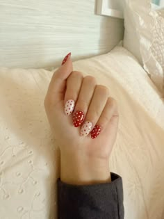 almond shape, acrylic All Red Almond Nails, Red Nails With White Polka Dots, Easy Nail Inspo Almond, Christmas Nails Polka Dots, Christmas Dot Nails, Red And White Polka Dot Nails, Polka Dot Christmas Nails, Red Nails With Dots, Christmas Polka Dot Nails