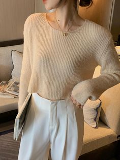 Shipping: Worldwide Express Shipping AvailableDelivery time: 7-15Days Fast ShippingReturns: Fast refund, 100% Money Back Guarantee. Hollow Out Sweater, Cream Sweater, Round Neck Tops, Early Spring, Soft Velvet, Long Sleeve Knit, Round Collar, Knitted Pullover, High Waisted Shorts