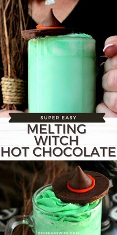 a person holding a green drink with chocolate in it and text overlay that reads melting witch hot chocolate