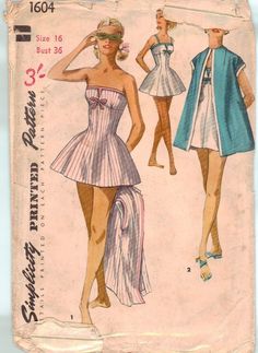 One Piece dress. Barrel shaped skirt has overlapping released pleats at right side of front, and joins the bodice at waistline. Released asymmetrical pleats in bodice front below square neck-line. Three quarter length and short sleeves. Designed by Ronald Patterson. Pattern is counted and complete, showing slight wear appropriate to age. Bathing Suit Patterns, 1950s Patterns, Patron Vintage, Play Suit, Princess Line, Swimsuit Beach, Design Moda, Retro Swimsuit, Vintage Dress Patterns