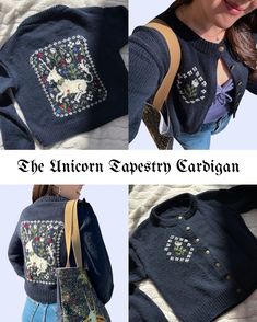 the unicorn tapestry cardigan is made from an old sweater