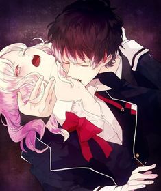 two anime characters hugging each other in front of a dark background with white and pink hair